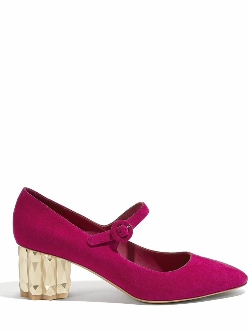 Salvatore Ferragamo Fuchsia Suede Mary Jane with Faceted Gold Block Heel